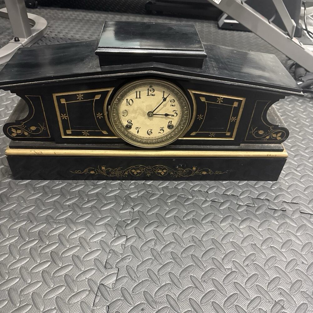 Antique Enameled Wood Mantle Clock With Gold Stenciled Floral Motif *
